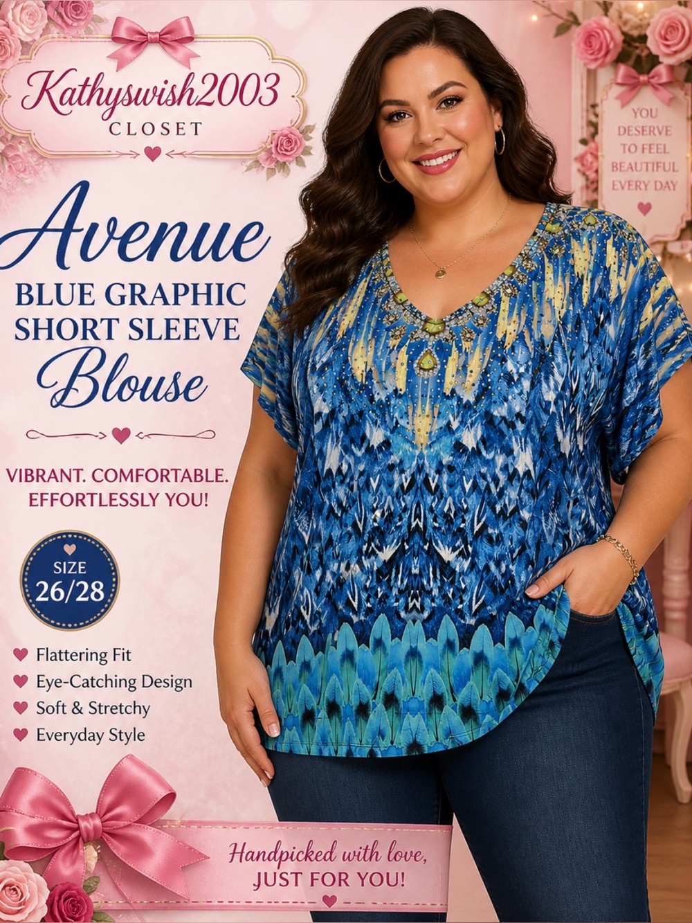 Avenue Blue Graphic Short Sleeve Blouse